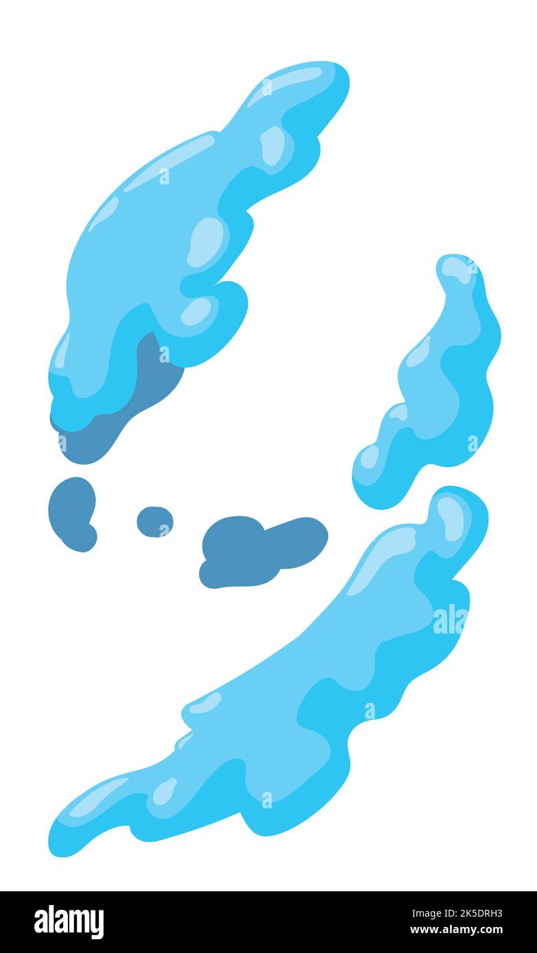 Design mit wogenden blauen Wasserspritzern, die auf weißem Hintergrund schweben. Design im Cartoon-Stil. Stock Vektor