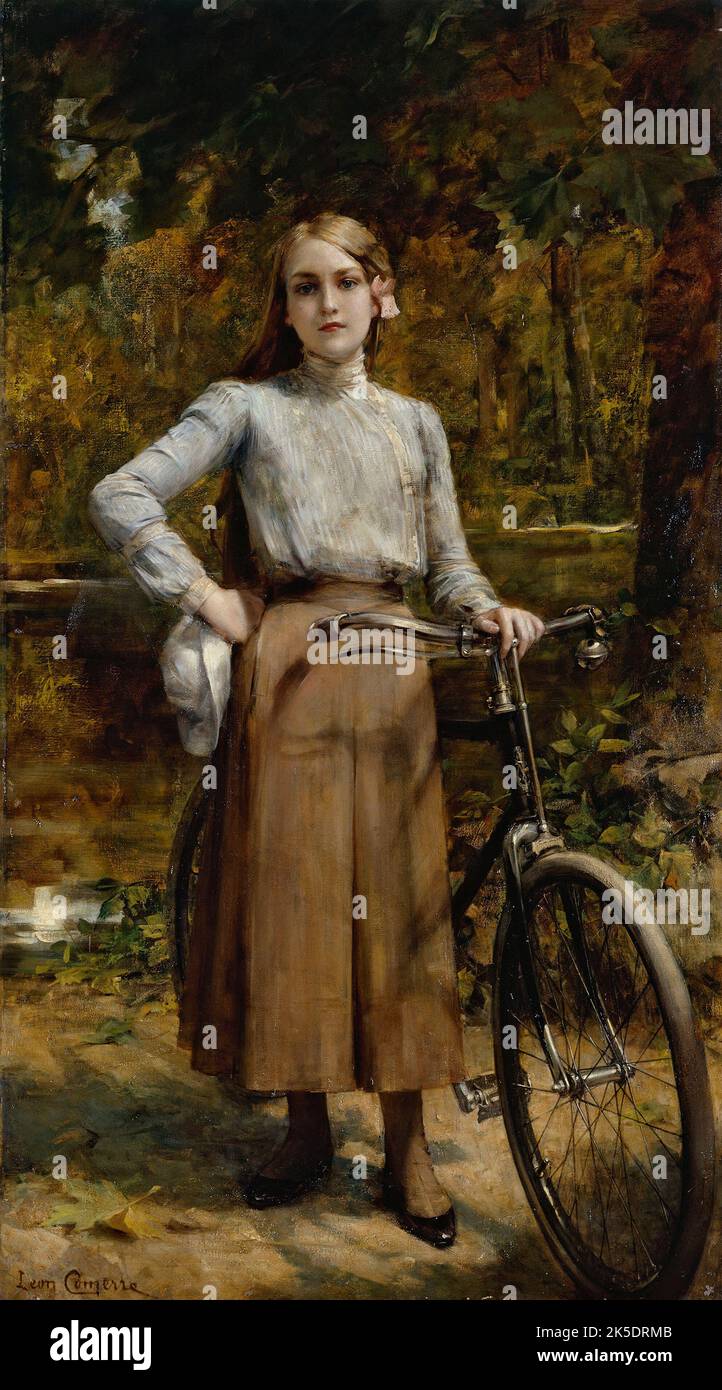 Bicyclette au V&#xe9;sinet, 1903. Mädchen mit Fahrrad im Le V &#xe9;sinet. Stockfoto