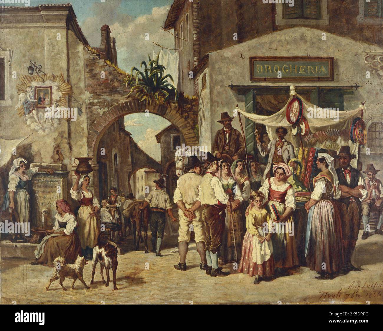 Marchands Ambulants &#XE0; Tivoli, 09/1866. Straßenverkäufer am Tivoli. Marktstand, der Stofflängen verkauft, vor einer Drogerie. Stockfoto