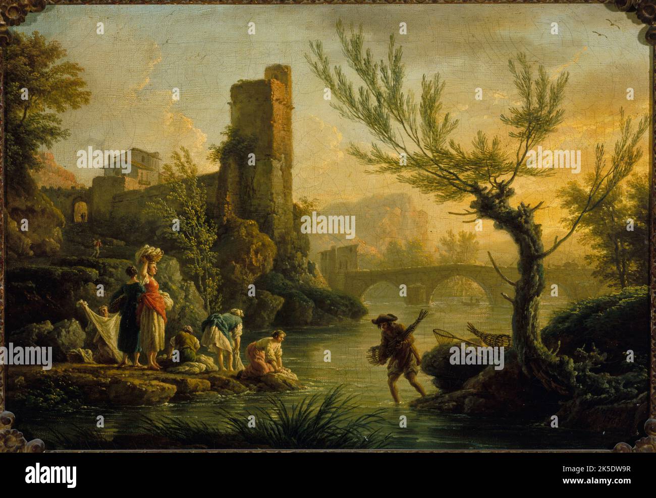 Paysage avec des lavandi&#XE8;res, 1763. Laundresses in einer Landschaft. Frauen waschen in einem Fluss Kleidung und Fischer mit Fischfallen auf dem gegenüberliegenden Ufer. Dahinter ist ein zerstörten Turm und eine Brücke. Stockfoto