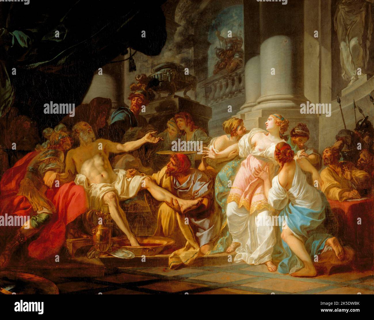 La Mort de Sénèque, 1773. Der Tod von Seneca. Der römische Philosoph Seneca, der beschuldigt wurde, an einer Verschwörung gegen den Kaiser Nero teilgenommen zu haben, wurde zum Selbstmord befohlen. Seneca nimmt das Urteil an und seine Frau Pompeia Paulina beschließt, mit ihm zu sterben. Die Ehepartner öffnen ihre Adern, aber der Tod kommt langsam. Seneca bittet dann die Diener, seine Frau fern zu halten, um zu verhindern, dass einer sich angesichts der Leiden des anderen schwächt. Ein Arzt schneidet die Knöchel des Philosophen, so dass das Blut schneller in ein Becken zu seinen Füßen fließt, und ein Sklave stellt eine Ampulle mit Gift vor Stockfoto