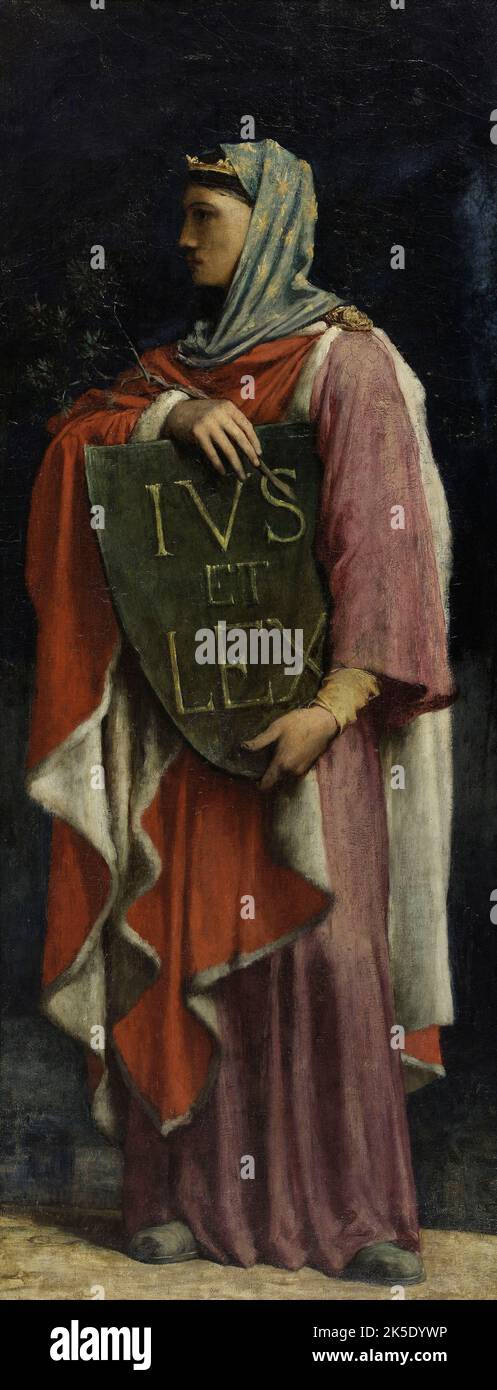 Le Droit Ecrit, 1881. Das geschriebene Gesetz. Allegorische Figur in mittelalterlicher Tracht, mit Schild, auf dem geschrieben steht: Ius und Lex (Justice and Law). Stockfoto
