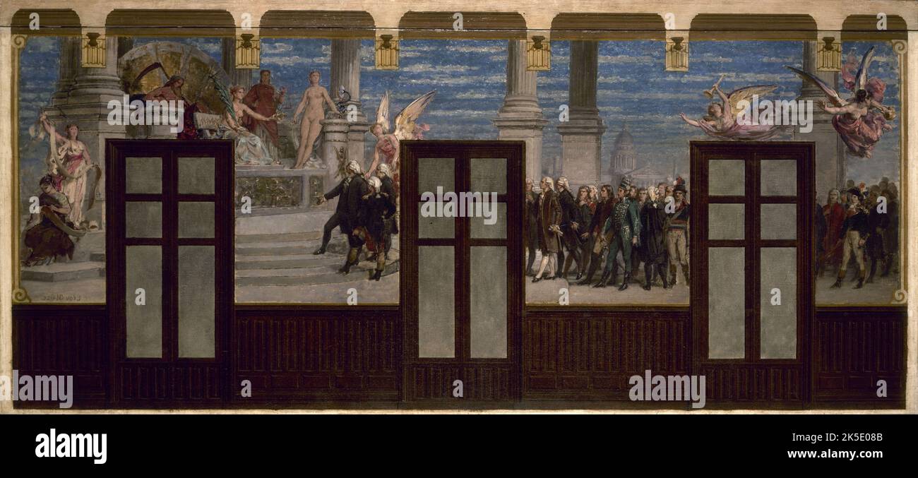 Esquisse pour la salle des fêtes de la mairie du 20e Arrondissement : Les grands hommes de la Révolution devant le Tribunal de la postérité, 1884. Die großen Männer der Französischen Revolution am Tribunal der Nachwelt. Stockfoto