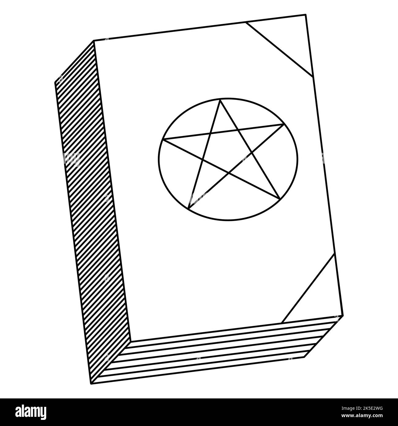 Ein Buch mit Zaubersprüchen. Auf dem Cover ist ein Pentagramm in Sternform. Vektorgrafik. Umriss auf einem isolierten weißen Hintergrund. Doodle-Stil. Stock Vektor