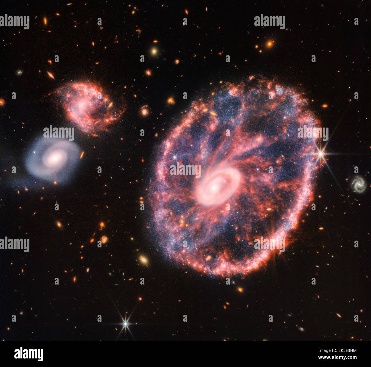 Höchste Auflösung eines James Webb Space Telescope Composite-Bildes, das das Cartwheel und seine Begleitergalaxien zeigt. Das Cartwheel besteht aus zwei Ringen, einem hellen inneren Ring und einem bunten äußeren Ring. Beide Ringe dehnen sich vom Zentrum des Zusammenstoßes wie Schockwellen aus. Diese Momentaufnahme gibt einen Ausblick darauf, was in der Vergangenheit mit der Galaxie passiert ist und was sie in Zukunft tun wird. Quelle: NASA, ESA, CSA und STScI / Digitaleye Stockfoto