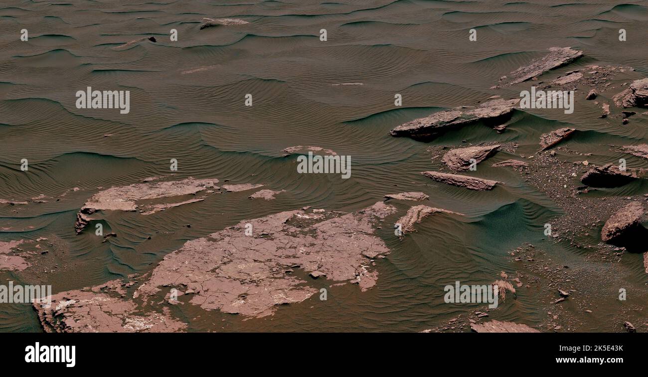 Marsoberfläche, Mars. Diese Ansicht der Mastcam (Mast Camera) auf dem NASA-Mars-Rover Cursory zeigt zwei Wellenstufen plus andere Texturen in einem Gebiet, in dem die Mission im März und April 2017 eine linear geformte Düne im Dünenfeld Bagnold auf dem unteren Mount Sharp untersuchte. Eine optimierte Version eines NASA-Bildes. Quelle: NASA/JPL-Caltech/MSSS Stockfoto
