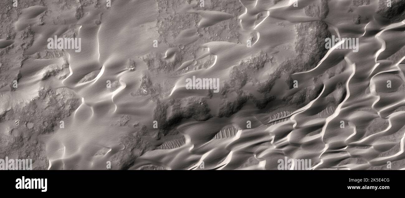 Marsatlandschaft. Dieses HiRISE-Bild zeigt ein Dünenfeld in der unteren Syrtis Major, Mars.Weiße Wellen auf dunkler Oberfläche, sowie Windstreifen von kleinen Kratern (nach Westen), wie auch in einem Mars Orbiter Camera-Bild zu sehen. Unser Interesse ist es zu sehen, ob sich neuer Staub ablagert oder entfernt. Diese Beobachtung kann uns ein besseres Verständnis der Mechanismen der Initiation von Streifen und Düne/Welligkeit geben.das Bild liegt weniger als 5 km (3 Meilen) über Eine einzigartige optimierte Version der NASA-Bilder. Quelle: NASA/JPL/UArizona Stockfoto