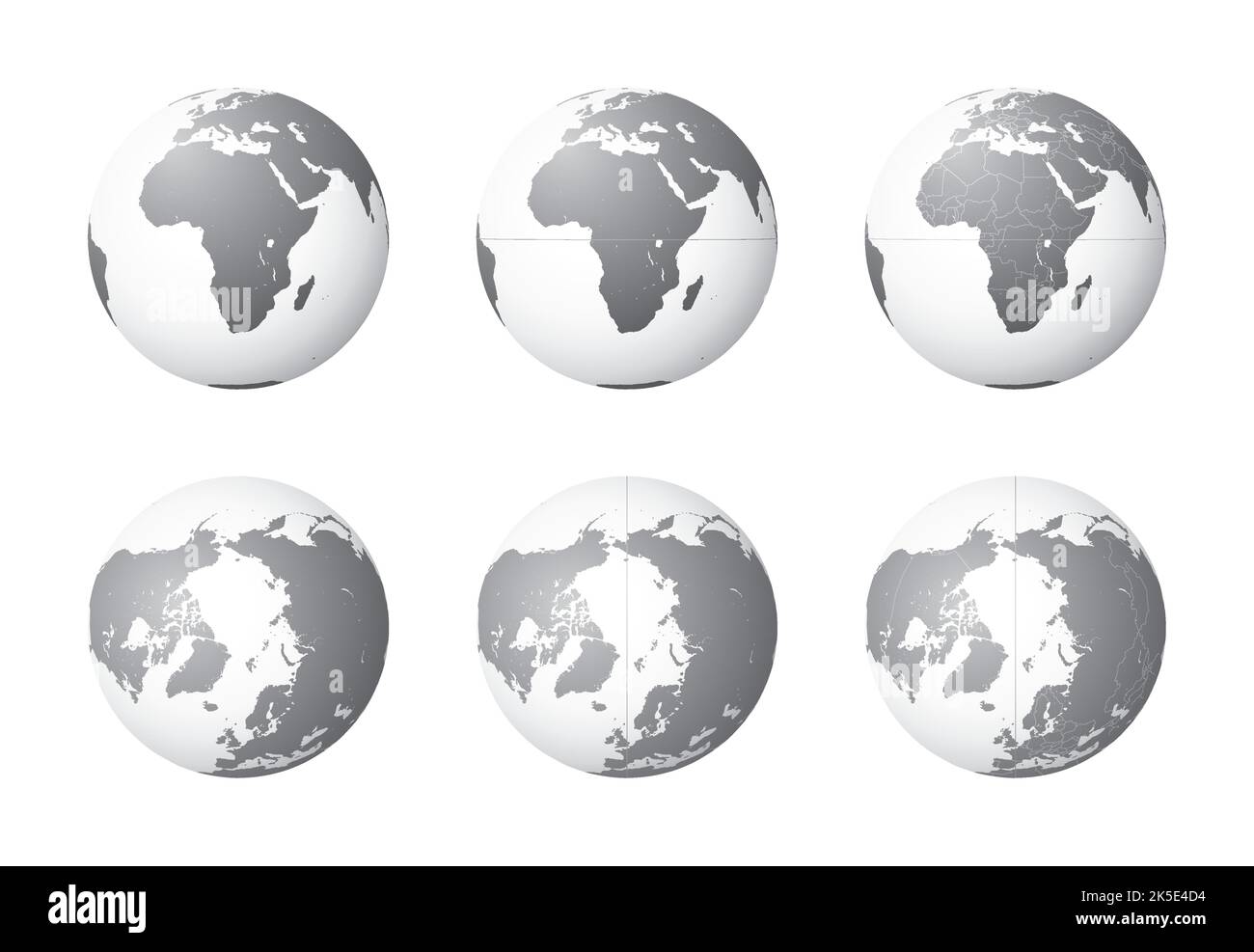 Erdkugeln mit Fokus auf Afrika (obere Reihe) und die Arktis (untere Reihe). Sorgfältig geschichtet und gruppiert, um die Bearbeitung zu erleichtern. Sie können bearbeiten oder remo Stock Vektor