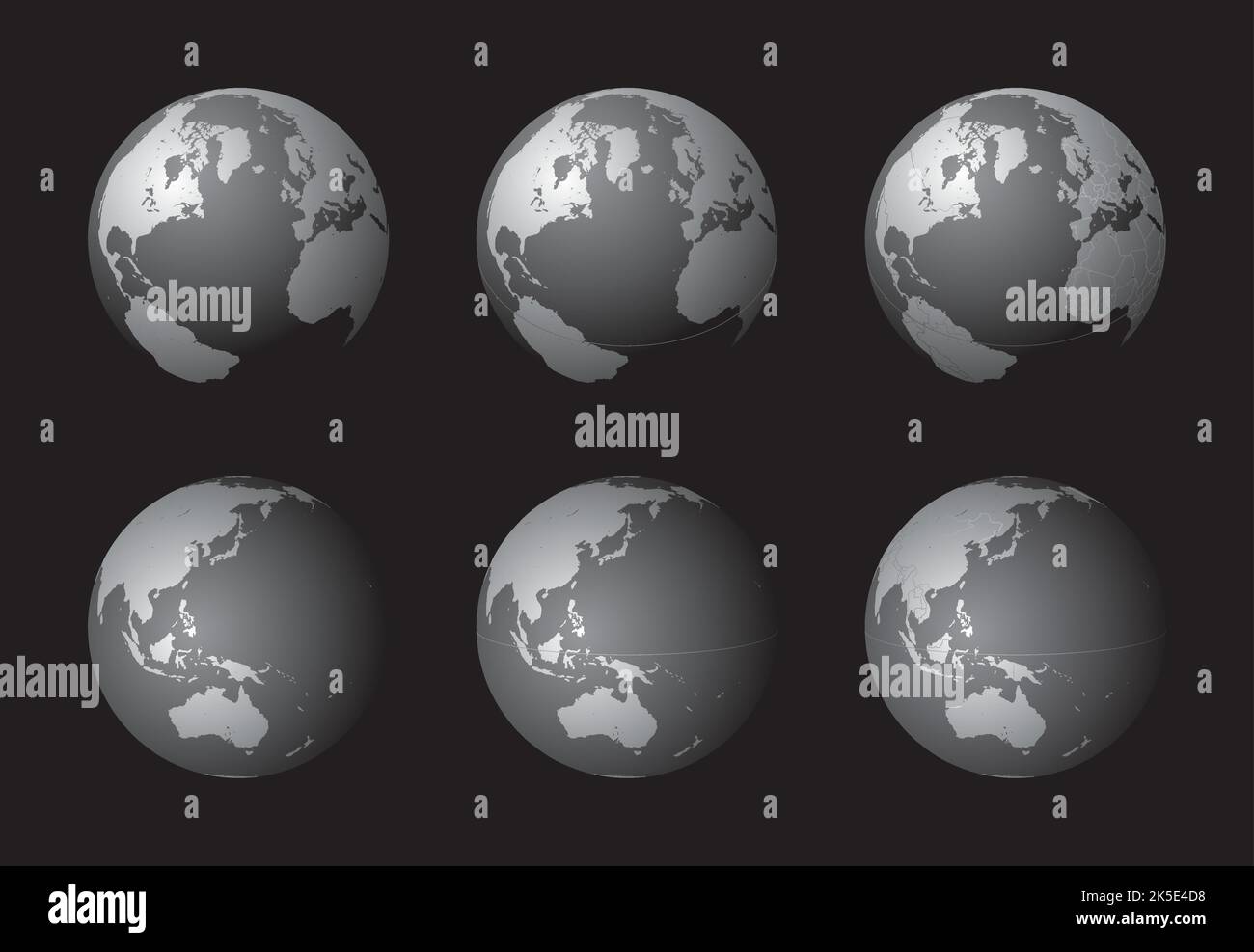 Erdkugeln mit Fokus auf den Nordatlantik (obere Reihe) und Ostasien und Ozeanien (untere Reihe). Sorgfältig geschichtet und gruppiert für einfaches Beeditin Stock Vektor