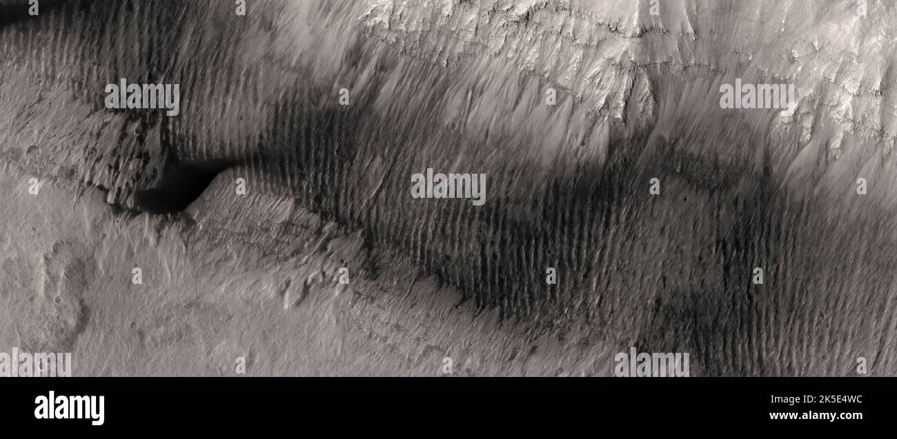Marsatlandschaft. Dieses HiRISE-Bild zeigt dunkle Dünen und Rillen am Boden von Coprates Chasma, Mars. Diese interessanten Merkmale, die dunkle Streifen oder parallele Rillen zu sein scheinen. Ziel der Wissenschaftler ist es, die dunklen Dünen hier zu überwachen und ein besseres Verständnis der Mechanismen ihrer Morphologie zu erlangen. Das Bild ist weniger als 5 km (3 mi) quer. Eine einzigartige optimierte Version von NASA-Bildern. Quelle: NASA/JPL/UArizona Stockfoto