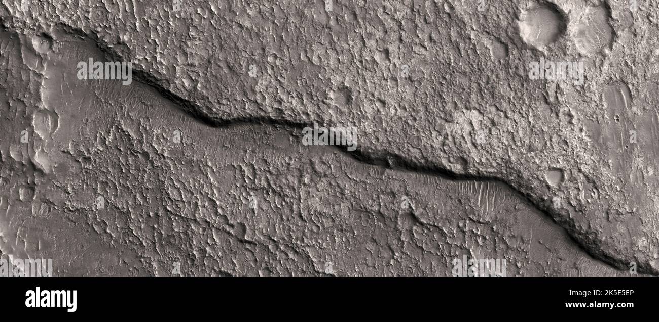 Marsatlandschaft. Dieses HiRISE-Bild zeigt Landformen auf der Oberfläche des Mars. Felsiger Boden und Schropfen. Aufgenommen von 263 km über der Oberfläche; weniger als 5 km von oben nach unten; Norden ist rechts. Eine einzigartige optimierte Version von NASA-Bildern. Quelle: NASA/JPL/UArizona Stockfoto