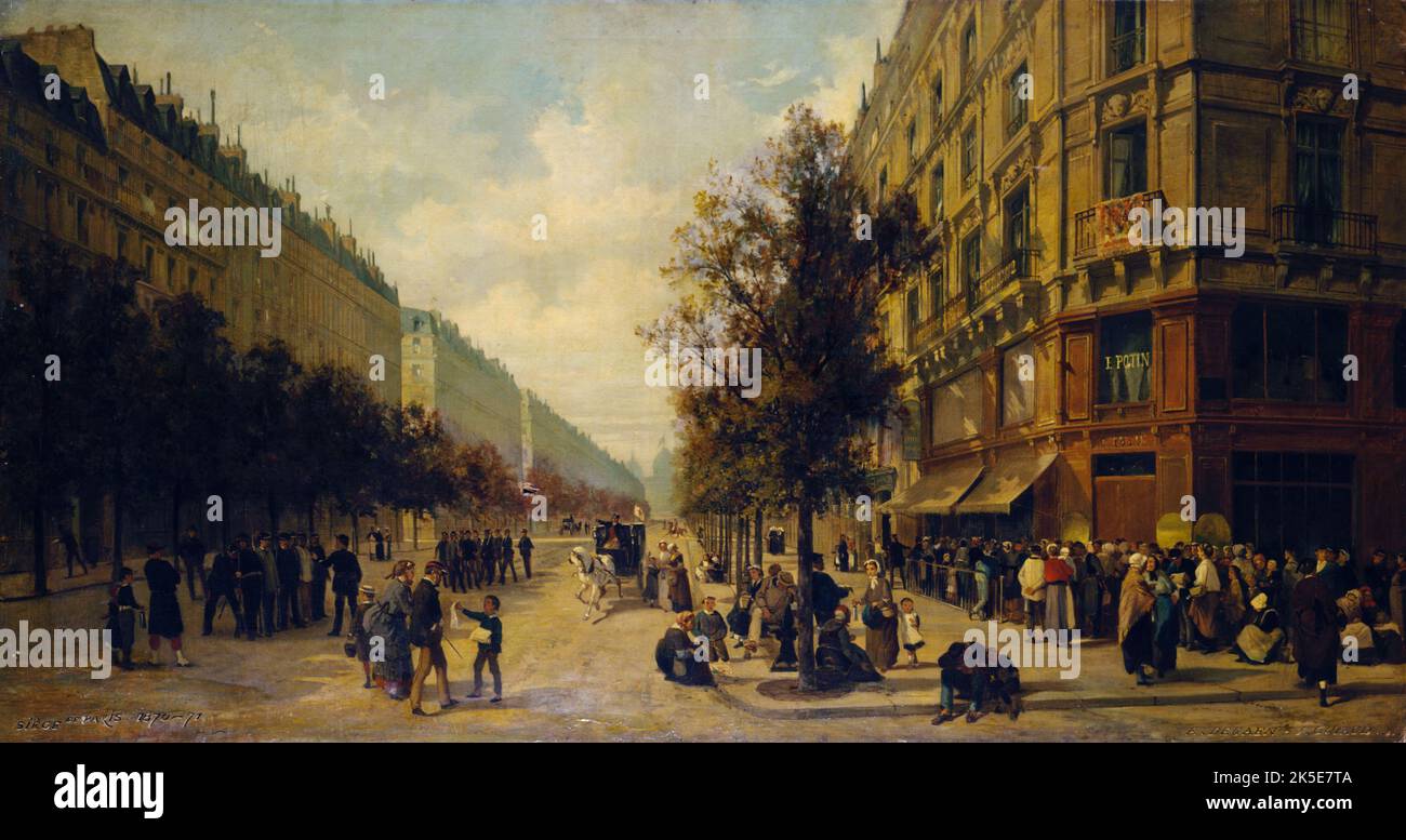 Queue &#XE0; la porte d'une &#xe9; picerie (angle de la rue R&#xe9; aumur et du Boulevard S&#xe9;Bastopol) en novembre 1870, 1871. Stockfoto