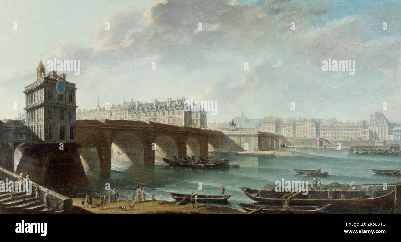 La Pompe de la Samaritaine, le Pont-Neuf et l'&#xee;le de la Cit&#xe9; le quai de Conti, vus du quai du Louvre, vor 1771. Stockfoto