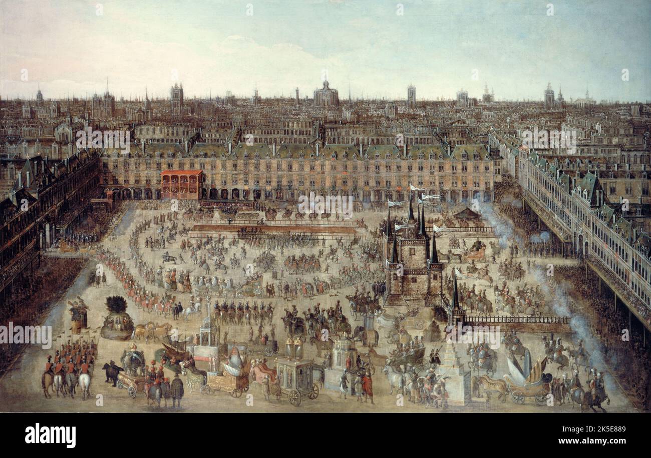 Die "Geschichte der Ritter des Ruhms", großes Karussell, das vom 5. Bis 7. April 1612 anlässlich der Hochzeit von Ludwig XIII. Mit Anne von Österreich, Place Royale, c1612, gegeben wurde. Stockfoto