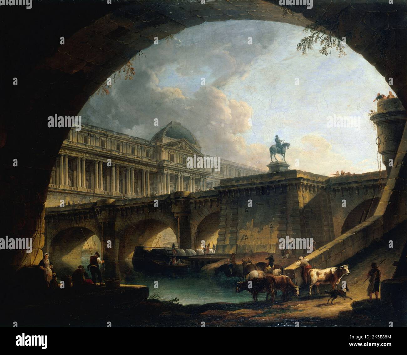 Caprice Architectural : un palais inspir&#xe9; du Louvre et le Pont-Neuf s'encadrant dans l'Arche d'un pont, c1775. Stockfoto