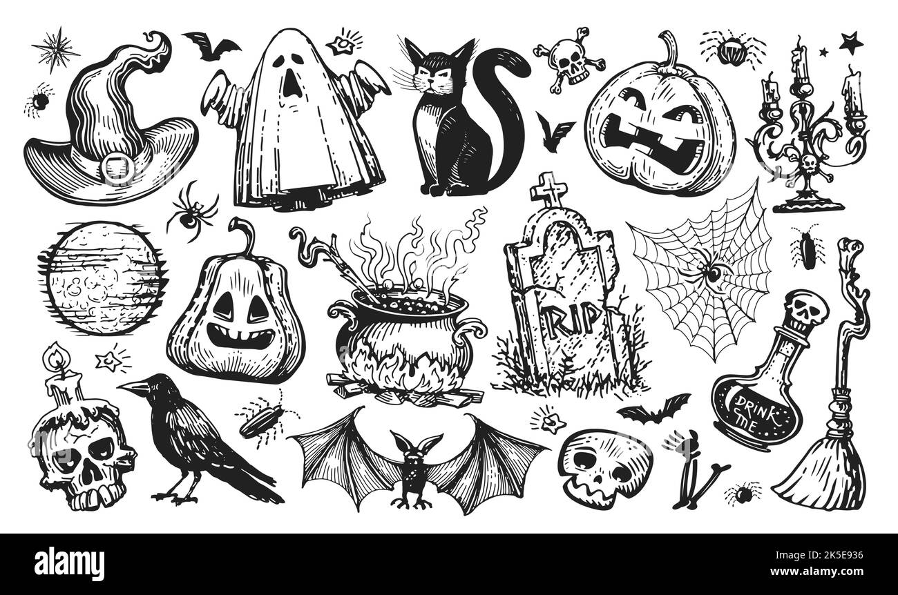 Halloween-Konzept. Urlaubselemente-Set für Flyer, Grußkarte, Webbanner-Design. Skizze Vintage Vektor Illustration Stock Vektor