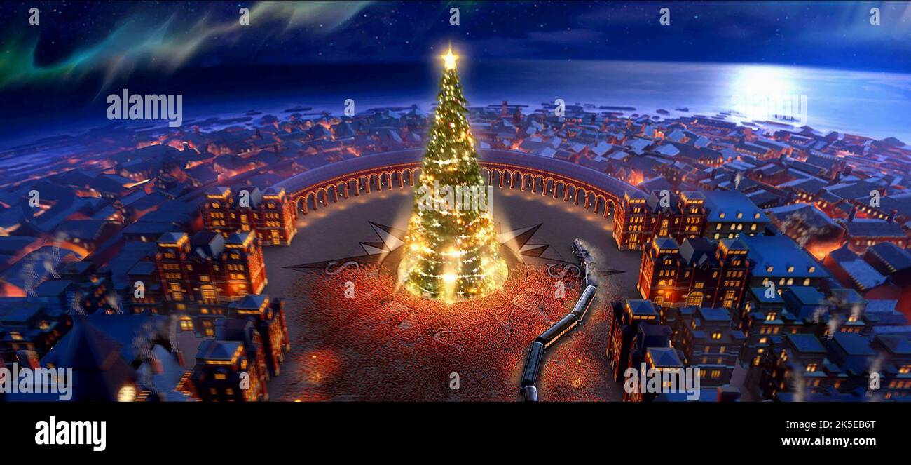 DER CHRISTAMSBAUM ERLEUCHTET DEN NORDPOL-STADTPLATZ, DEN POLAR EXPRESS, 2004 Stockfoto