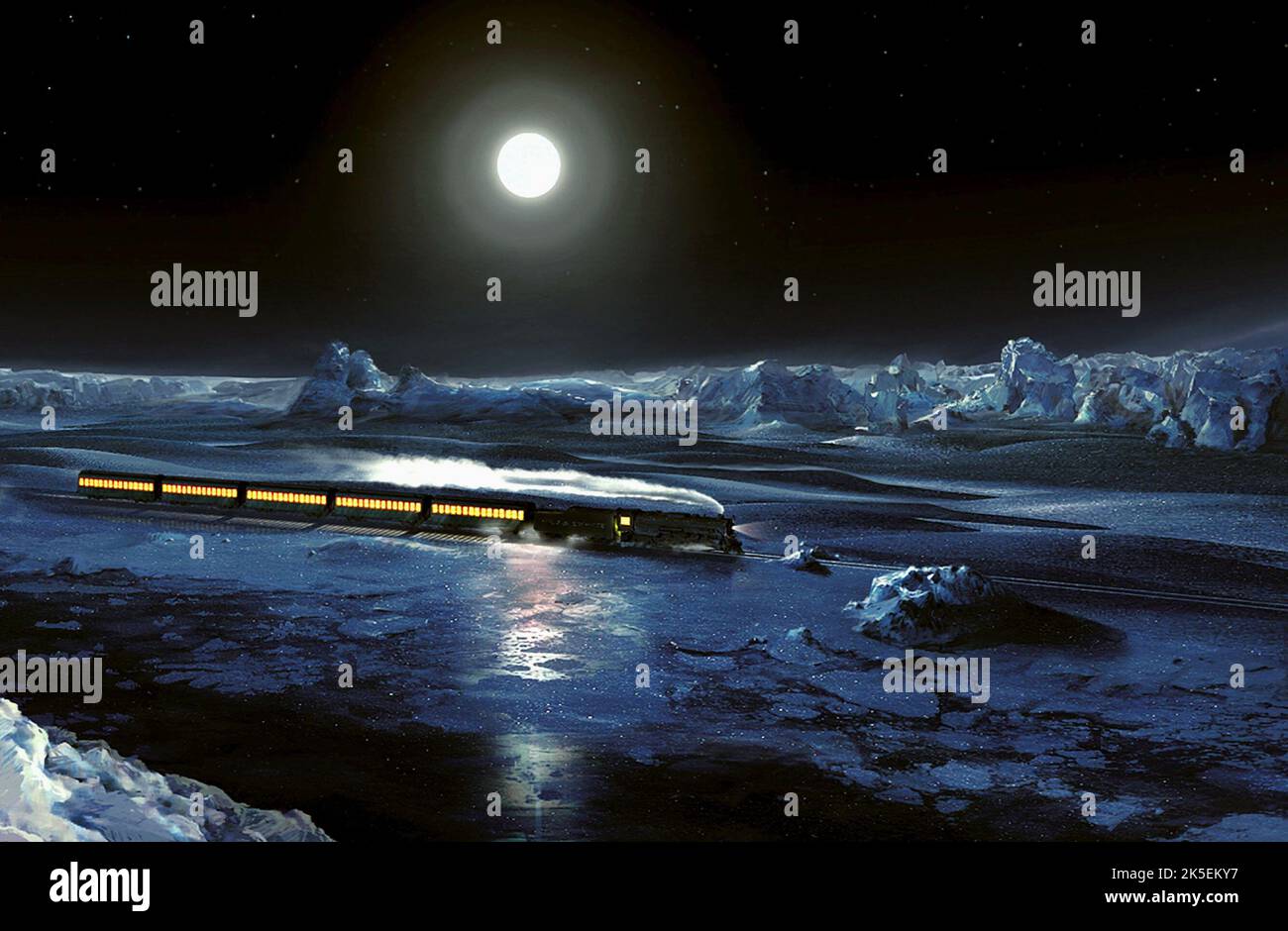 DER ZUG FÄHRT DURCH DIE MONDBELEUCHTETEN ISLÄNDER, DEN POLAR EXPRESS, 2004 Stockfoto