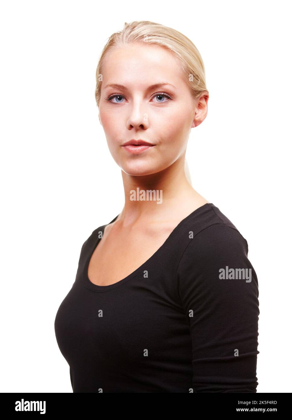 Klassisches Porträt von balancierter Schönheit. Porträt einer wunderschönen jungen blonden Frau, die auf Weiß isoliert und balanciert aussieht. Stockfoto