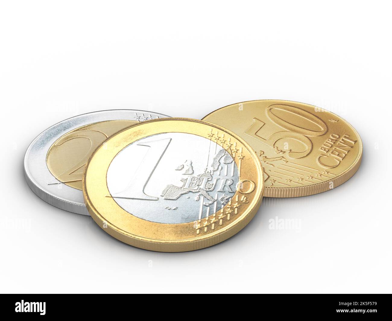 Euro-Münzen auf weißem Hintergrund. 3d-Illustration. Stockfoto