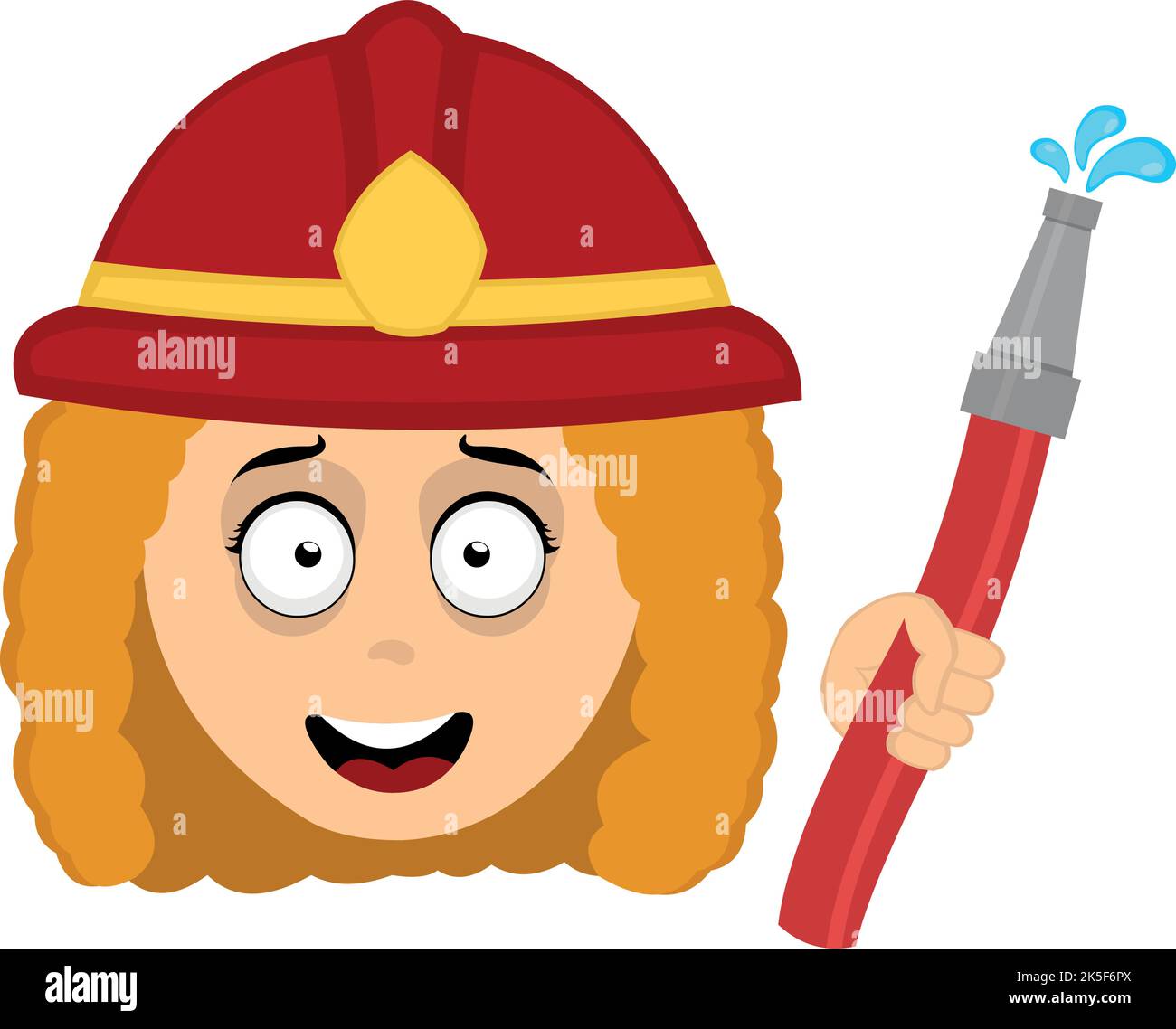 Vektor-Illustration des Gesichts einer Comic-Feuerwehrfrau mit einem Helm und Schlauch in der Hand Stock Vektor