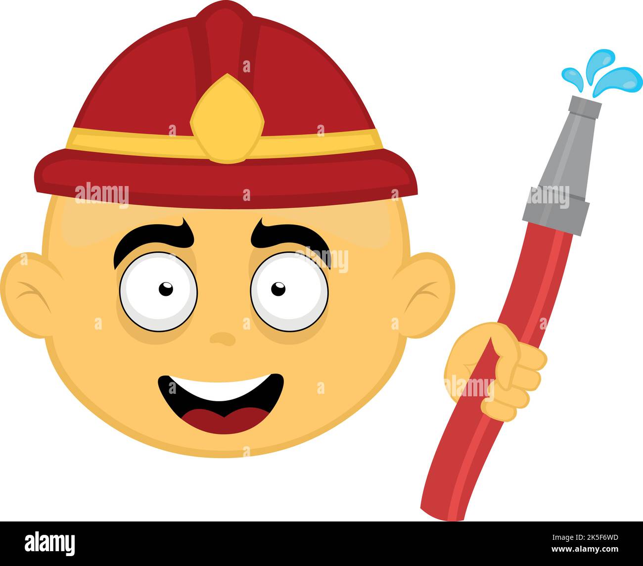 Vector Emoji Illustration eines gelben Cartoon Feuerwehrmann mit einem Schlauch mit Wassertropfen in der Hand Stock Vektor