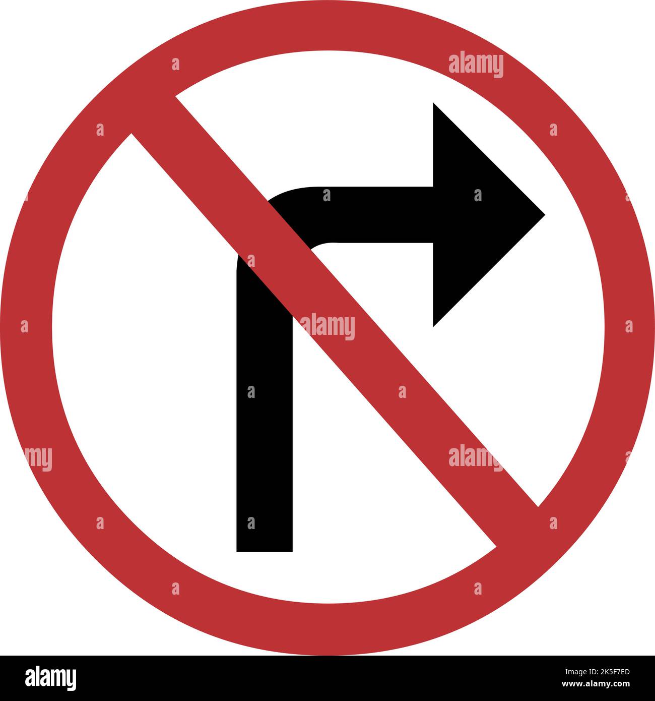 Vektordarstellung des verbotenen Verkehrszeichens mit einem gebogenen schwarzen Pfeil nach rechts, auf einem kreisförmigen Hintergrund in rot-weißer Farbe Stock Vektor
