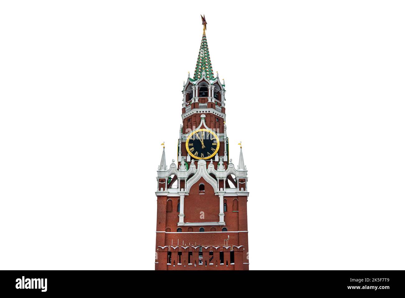 12 Stunden auf dem Glockenspiel des Spasskaya-Turms des Moskauer Kremls, isoliert auf weißem Hintergrund Stockfoto