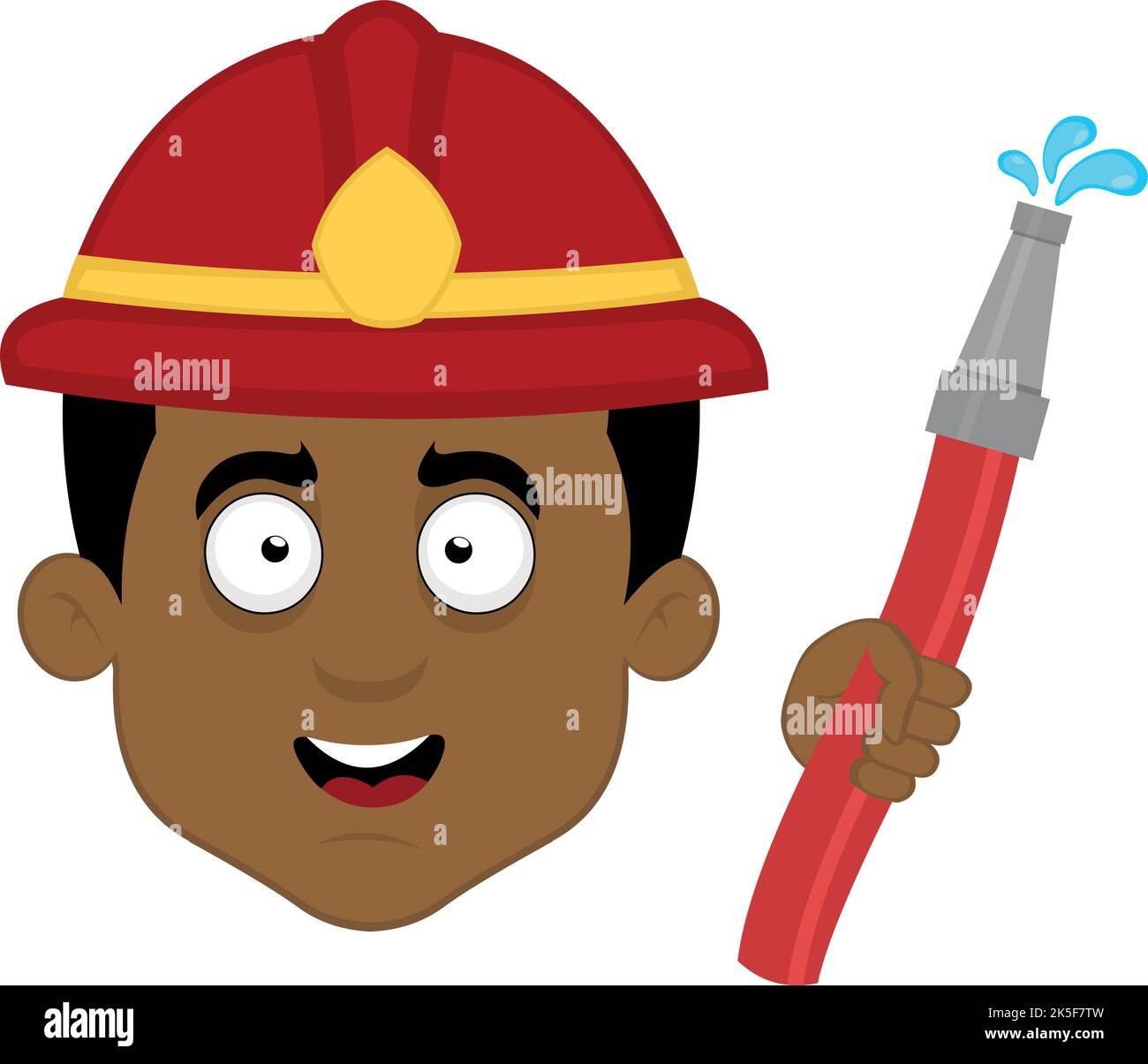 Vektor-Illustration des Gesichts eines Cartoon-Feuerwehrmann mit einem Helm und einem Schlauch in der Hand Stock Vektor
