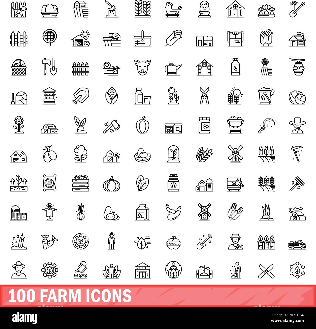100 Farmsymbole eingestellt. Skizzieren Sie die Darstellung von 100 Farmsymbolen, die auf weißem Hintergrund isoliert sind Stock Vektor