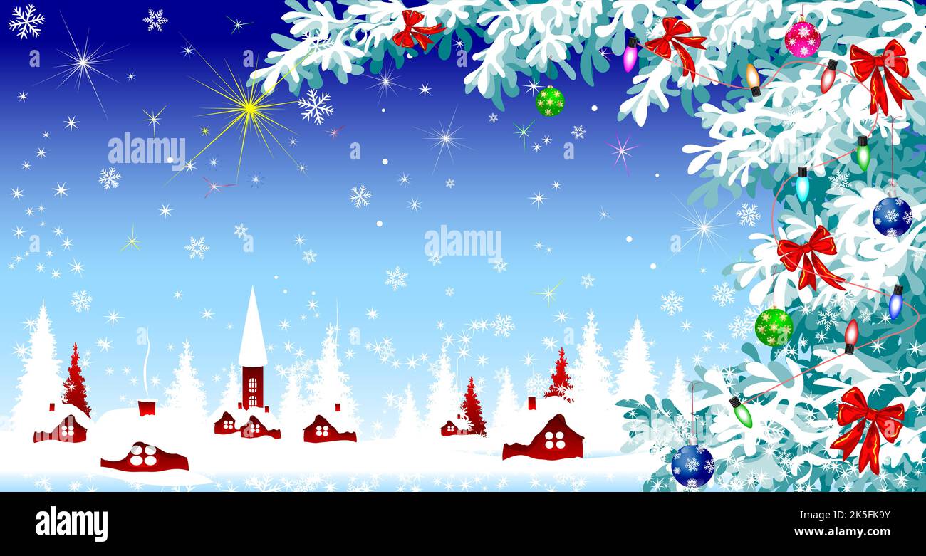 Weihnachtsnacht. Dorf mit Schnee bedeckt. Weihnachtsbaum mit Girlande und Bögen verziert. Leuchtender Stern. Schneeflocken am Himmel. Stock Vektor