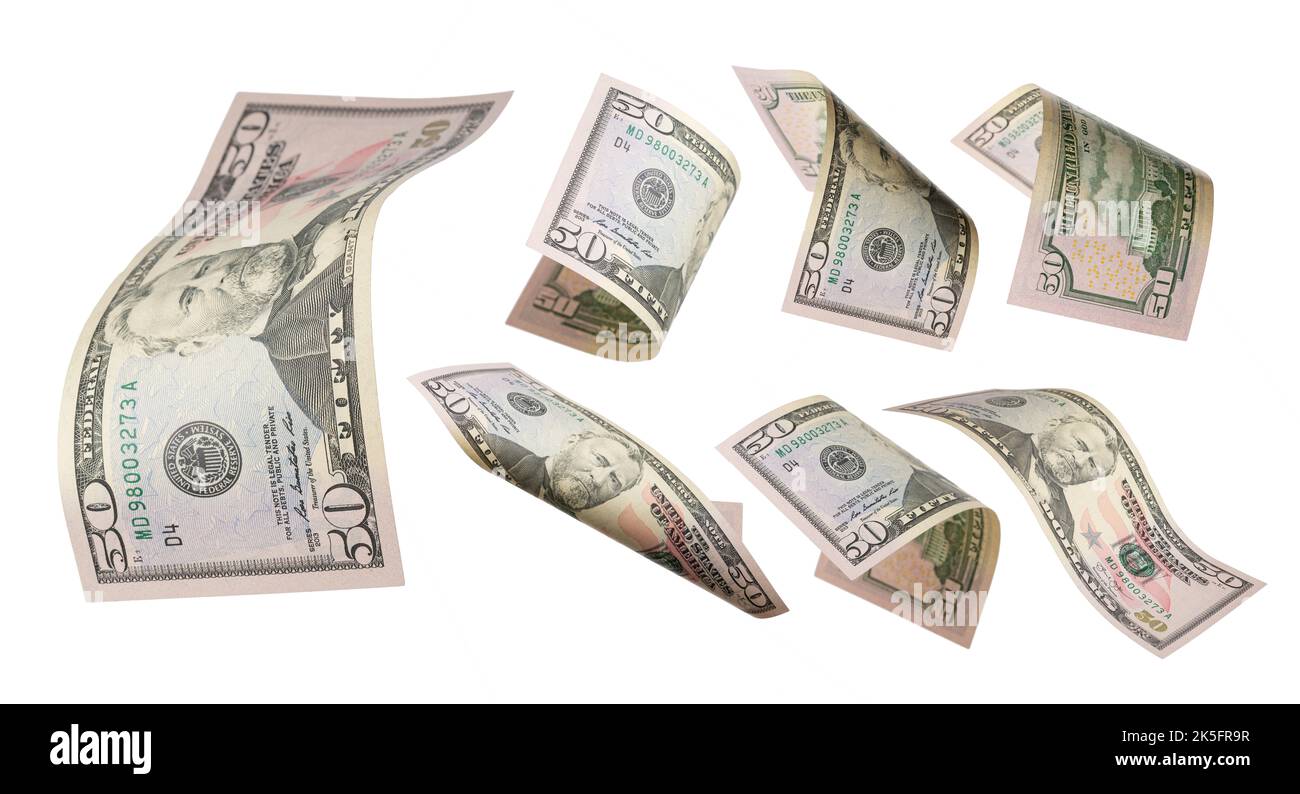 50 Dollar fliegen auf weißem Hintergrund. USA-Banknoten aus verschiedenen Blickwinkeln. Vorderseite Stockfoto