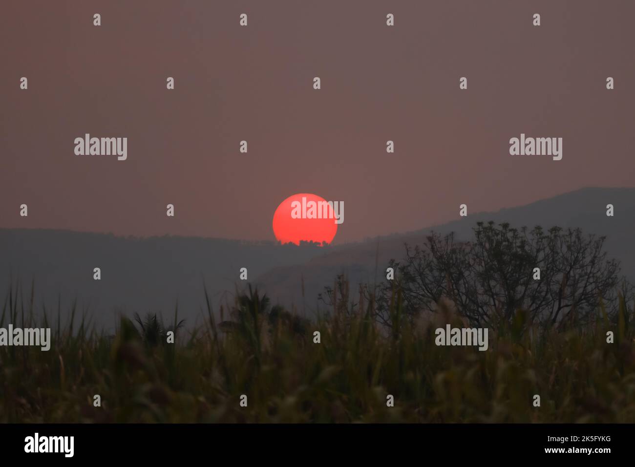 Wunderschöne Aussicht auf den roten Sonnenuntergang mit Bäumen und Bergen Stockfoto