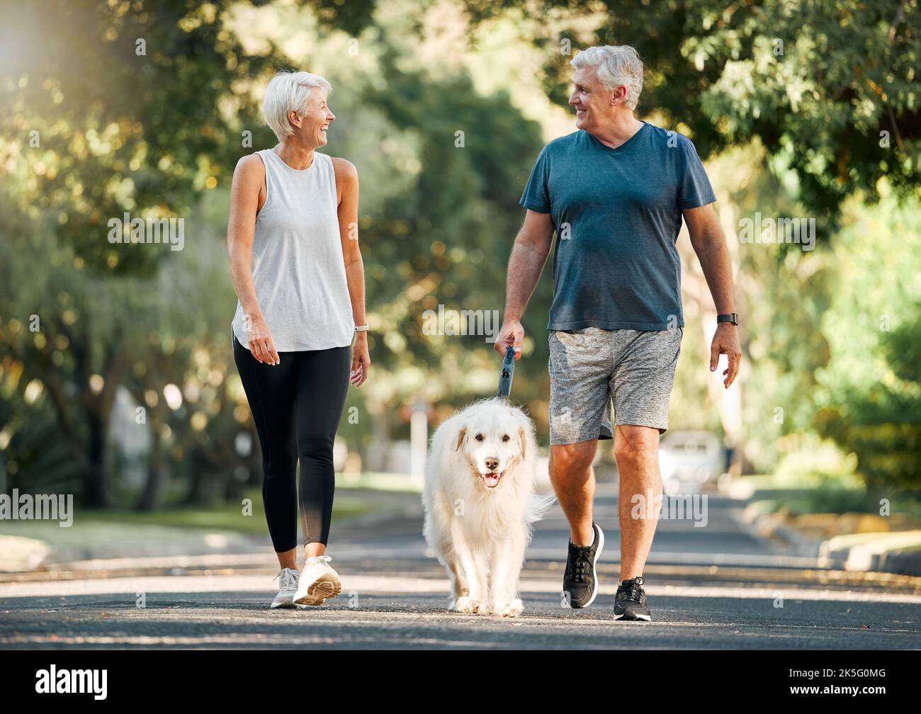 Ruhestand, Fitness und Wandern mit Hund und Paar in Nachbarschaft Park für Entspannung, Gesundheit und Sport-Training. Liebe, Wellness und Haustier mit alten Mann und Stockfoto