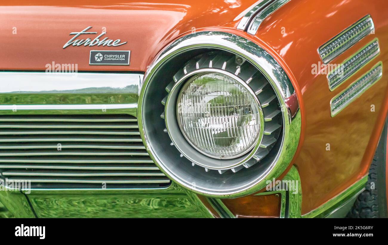GROSSE POINTE SHORES, MI/USA - 21. JUNI 2015: Ein 1963 Chrysler Turbine Konzeptfahrzeug, EyesOn Design Car Show, Edsel & Eleanor Ford House, in der Nähe von Detroit. Stockfoto