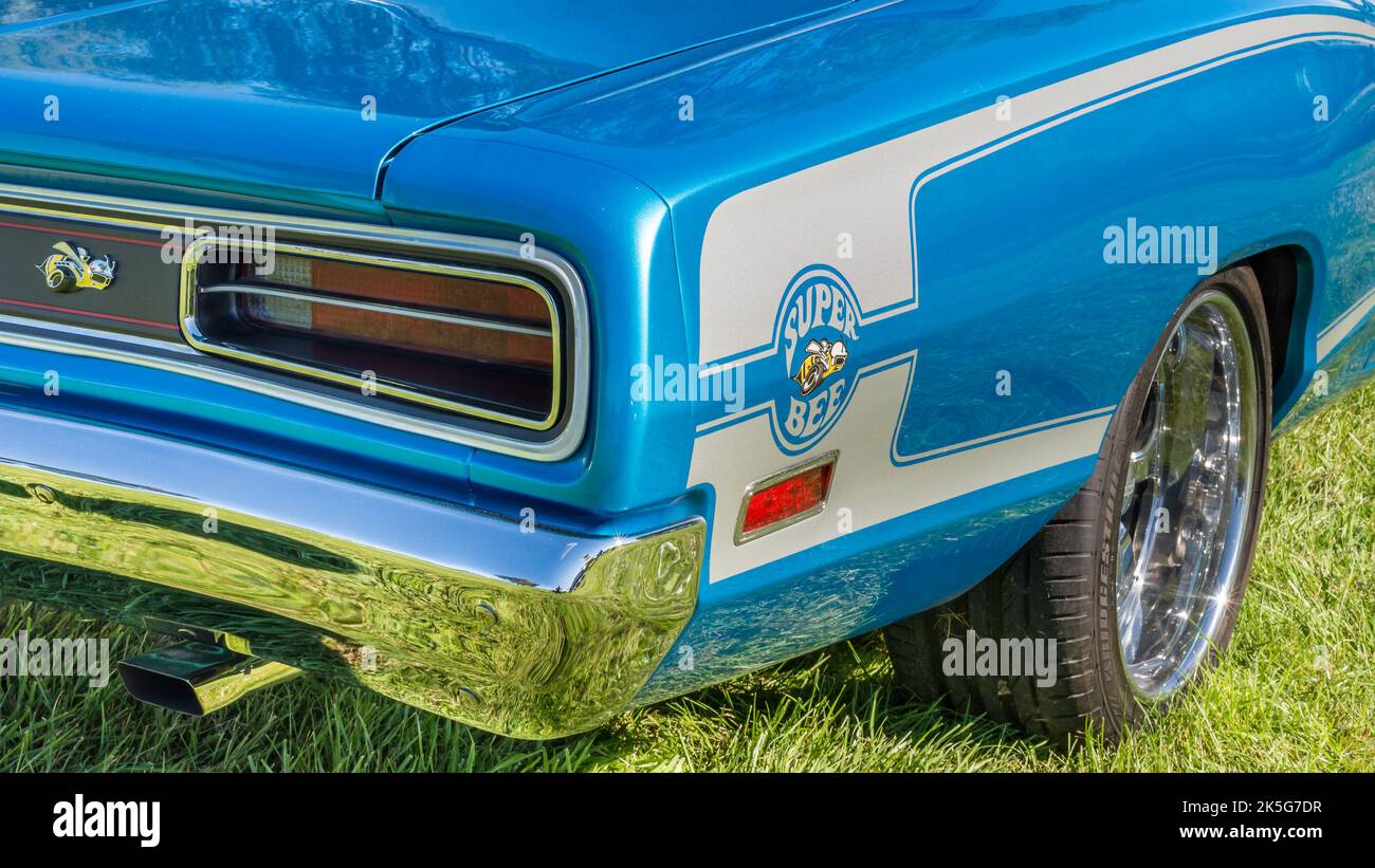 FRANKENMUTH, MI/USA - 13. SEPTEMBER 2015: Ein Dodge Coronet Super Bee Auto aus dem Jahr 1970, Frankenmuth Auto Fest, Heritage Park. Stockfoto