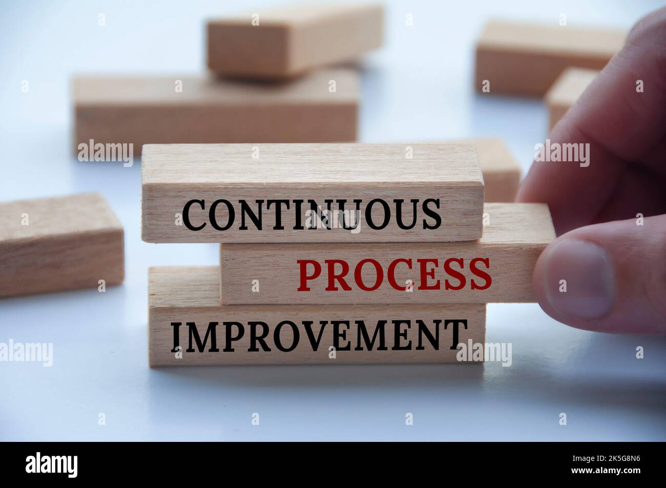 Handgehaltene Holzblöcke mit fortlaufendem Text zur Prozessverbesserung auf Holzblöcken auf weißem Hintergrund. Prozessverbesserung und Geschäftskonzept Stockfoto