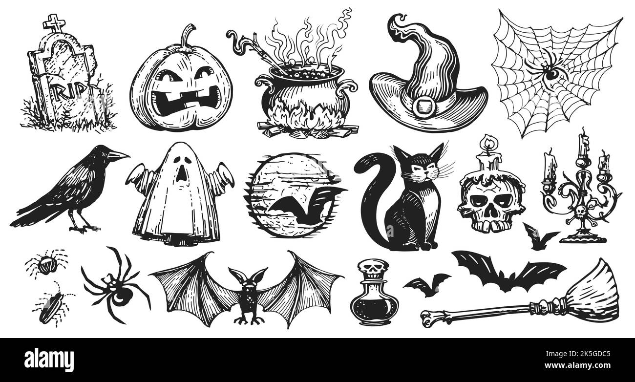 Halloween Konzept Icon Set. Handgezeichnete Designelemente im Skizzenstil für Urlaubsflyer, Grußkarte oder Webbanner Stock Vektor