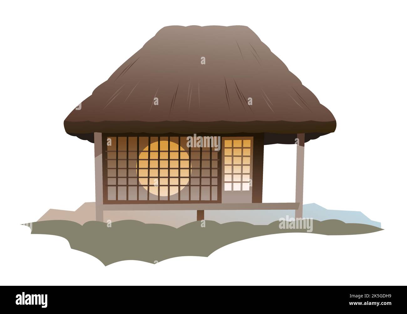 Traditionelles japanisches Haus. Mit rundem Fenster. Ländliche Wohnung mit Strohdach. Illustration Vektor. Stock Vektor