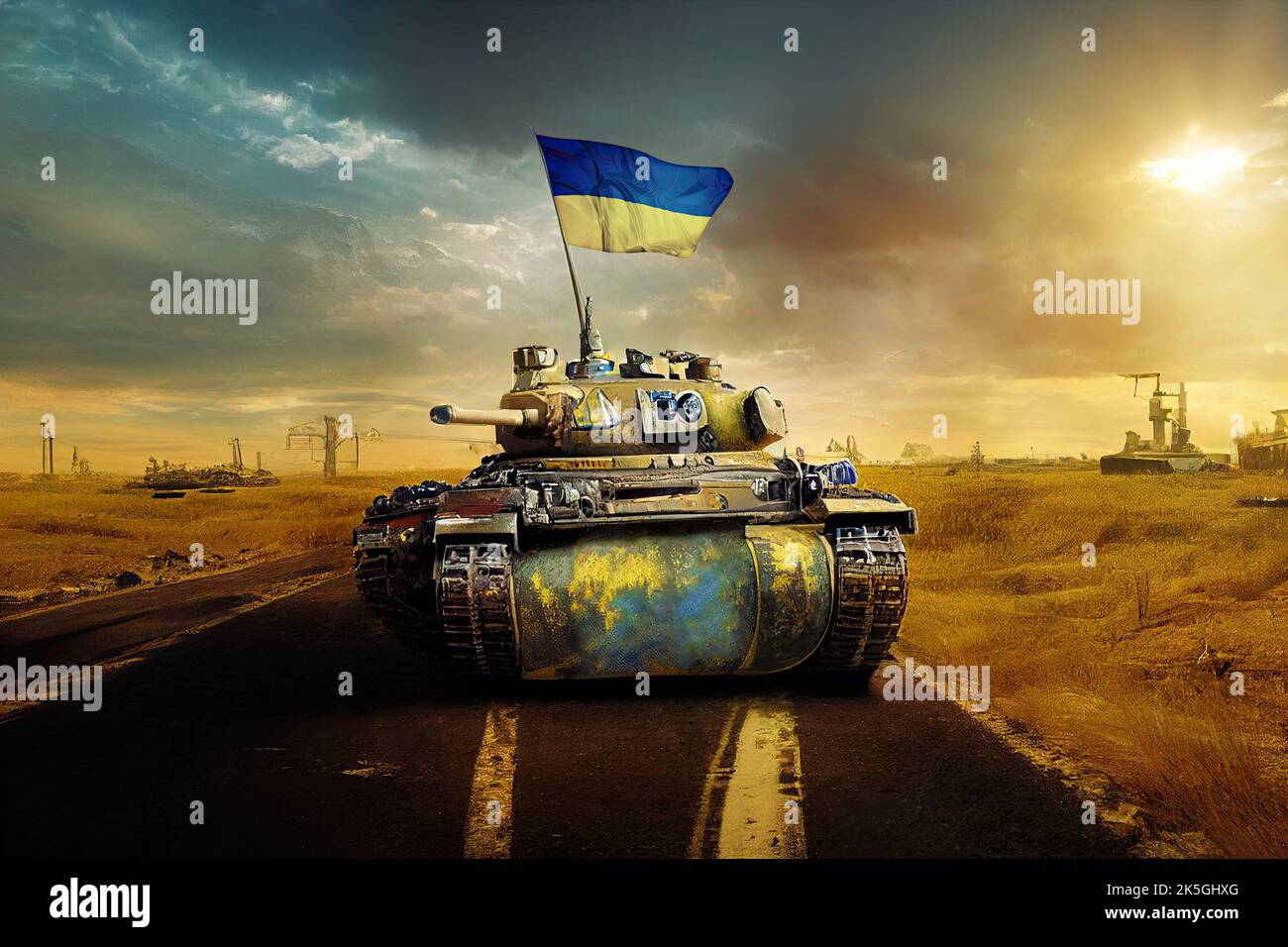 Ein Kampfpanzer der ukrainischen Armee bei Sonnenuntergang auf einer Einöde, auf der die ukrainische Flagge in einer zerstörten Stadt fliegt. Als Konzept des ukrainischen Krieges Stockfoto