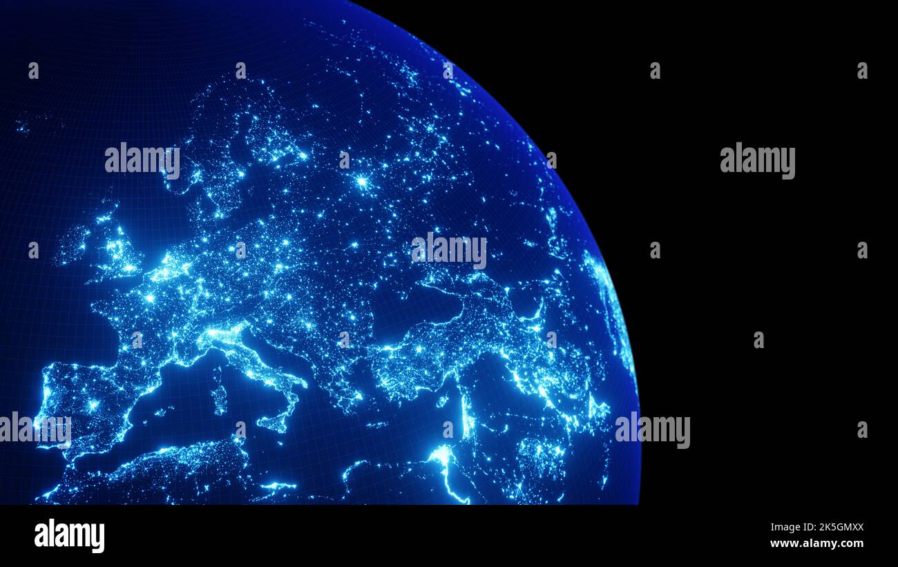 Planet Erde, der nachts aus dem Weltraum betrachtet glüht. Leuchtende Stadtlichter in Europa, Konzept über Technologie, Energie, Bevölkerungsdichte, Entwicklung. Wor Stockfoto