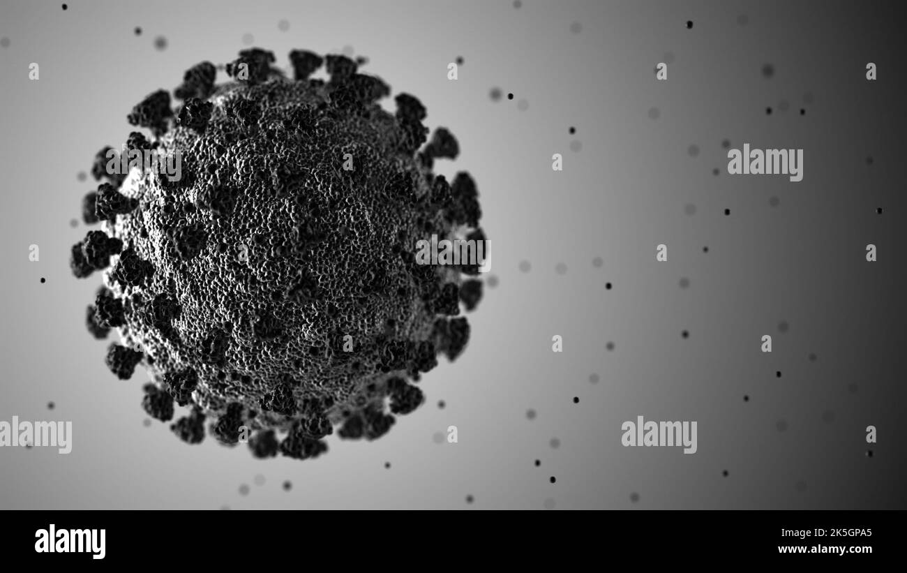 Coronavirus-Partikel, Abbildung. SARS-CoV-2 ist ein umhülltes RNA-Virus (Ribonukleinsäure). Innerhalb der Membran befinden sich Spike-Proteine, Membranproteine und Hüllproteine. SARS-CoV-2 verursacht die Atemwegsinfektion Covid-19, die zu einer tödlichen Lungenentzündung führen kann. Stockfoto