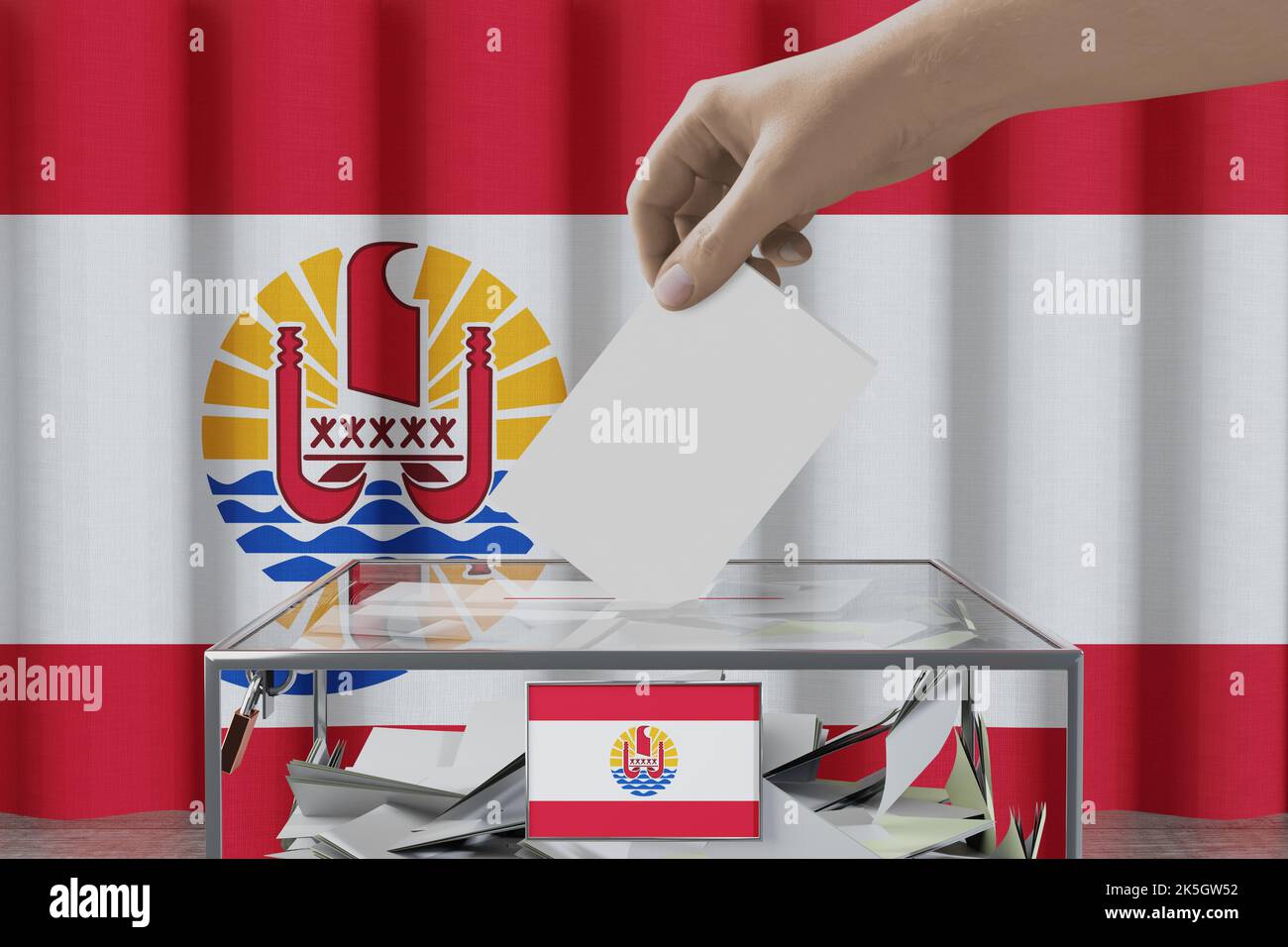 Französisch-Polynesien-Flagge, Hand Drop Stimmzettel in eine Box - Wahl / Wahlkonzept - 3D Illustration Stockfoto