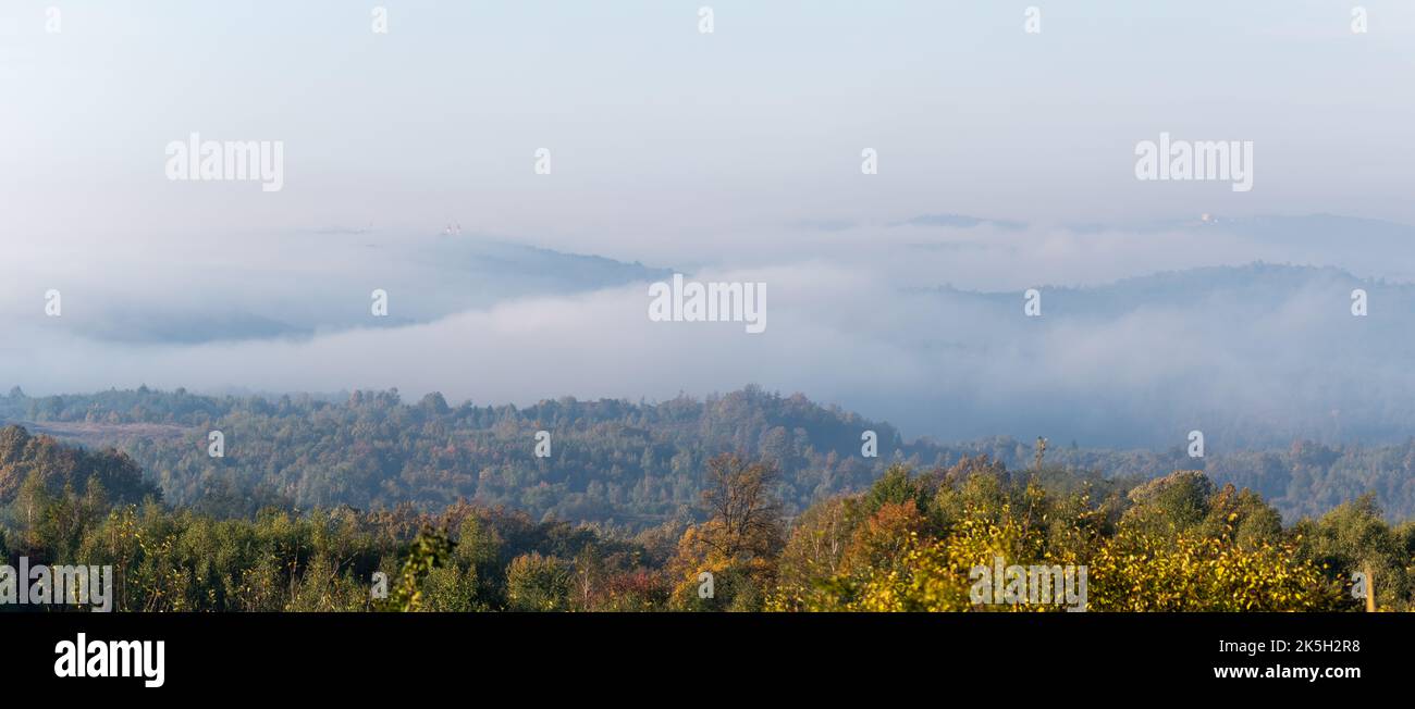 Morgennebel überschwemmen den Hügel im Herbst, Landschaftspanorama im Herbst Stockfoto