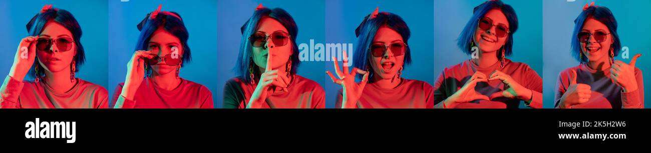 Neon-Face-Collage. Gestenzusammensetzung. Menschlicher Ausdruck. Verschiedene Emotionen Frau Porträts in rotem Licht isoliert auf blauem Hintergrund Set von 6. Stockfoto