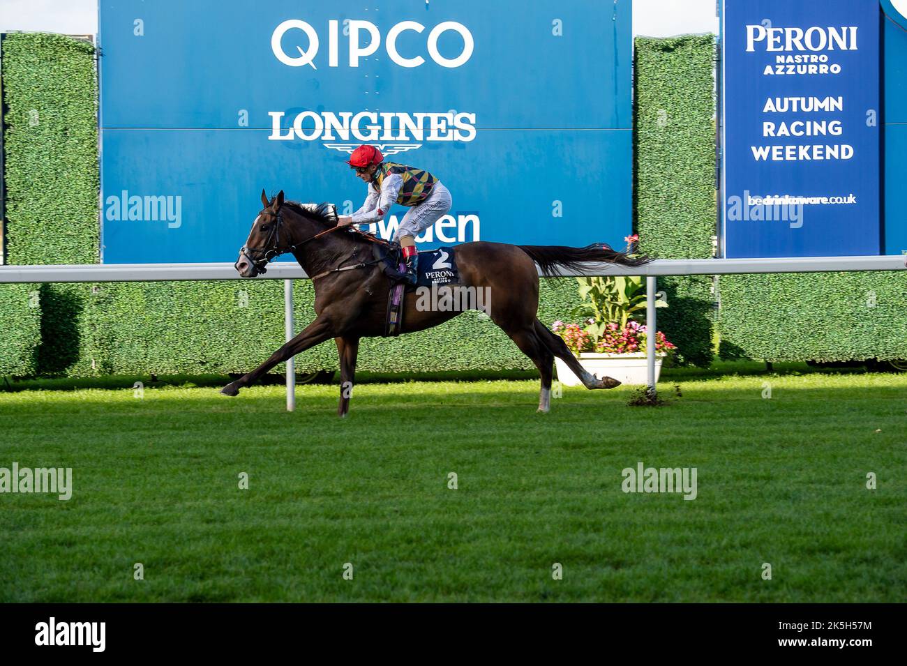 Ascot, Bergen, Großbritannien. 1.. Oktober 2022. Pferd Escobar unter Jockey Andrea Atzeni gewinnt den Peroni Nastro Azzurro Challenge Cup bei Ascot Races. Besitzer Withernsea Thoroughbred Ltd. Trainer David O’Meara, Upper Helmsley. Züchter Peter Evans. Sponsor Tiffin Sandwiches Ltd. Credit: Maureen McLean/Alamy Stockfoto