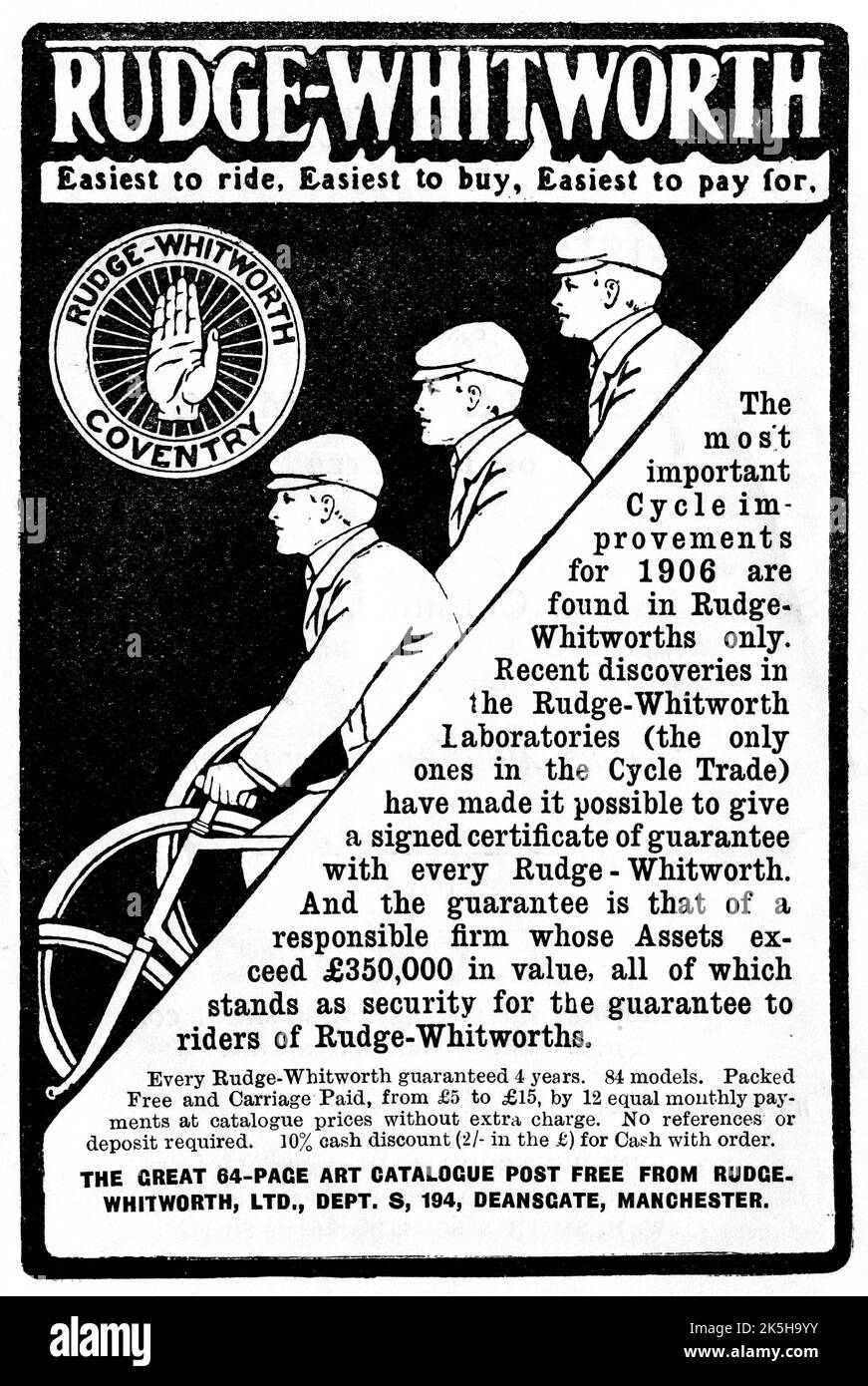 Eine Werbung für Rudge-Whitworth-Fahrräder aus dem Jahr 1906 unter dem Motto „am einfachsten zu fahren, am einfachsten zu kaufen, am einfachsten zu bezahlen“. Stockfoto