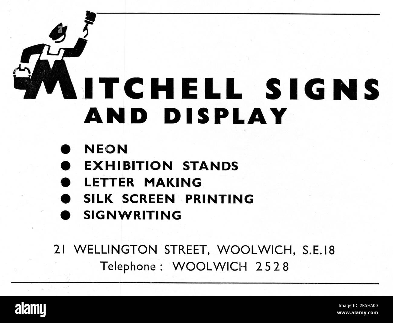 Eine 1951-Anzeige für ‘Mitchell Signs and Display’ der 21 Wellington Street, Woolwich, London S.E.18. Das Unternehmen hat sich auf Neonschilder, Messestände, Briefherstellung, Siebdruck und Signwriting spezialisiert. Stockfoto