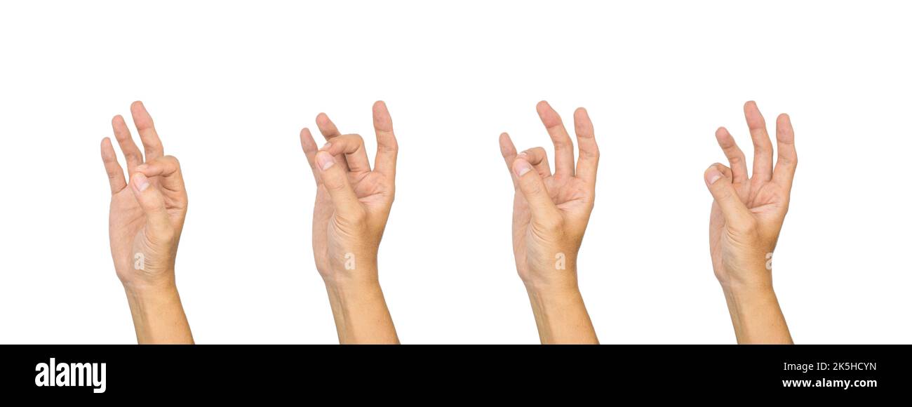 Serienbilder von Handübungen bei rheumatoider Arthritis. Finger, Gelenke und Hände Gesundheit. Konzept der Handpflege. Stockfoto