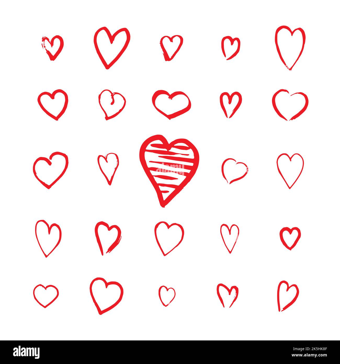 Handgezeichnete Herzsymbole im Doodle-Stil. Skizzenhafte Designelemente für Valentinstag oder Hochzeit. Rote Liebe Symbole isoliert auf weiß. Vektor eps8 Abb. Stock Vektor